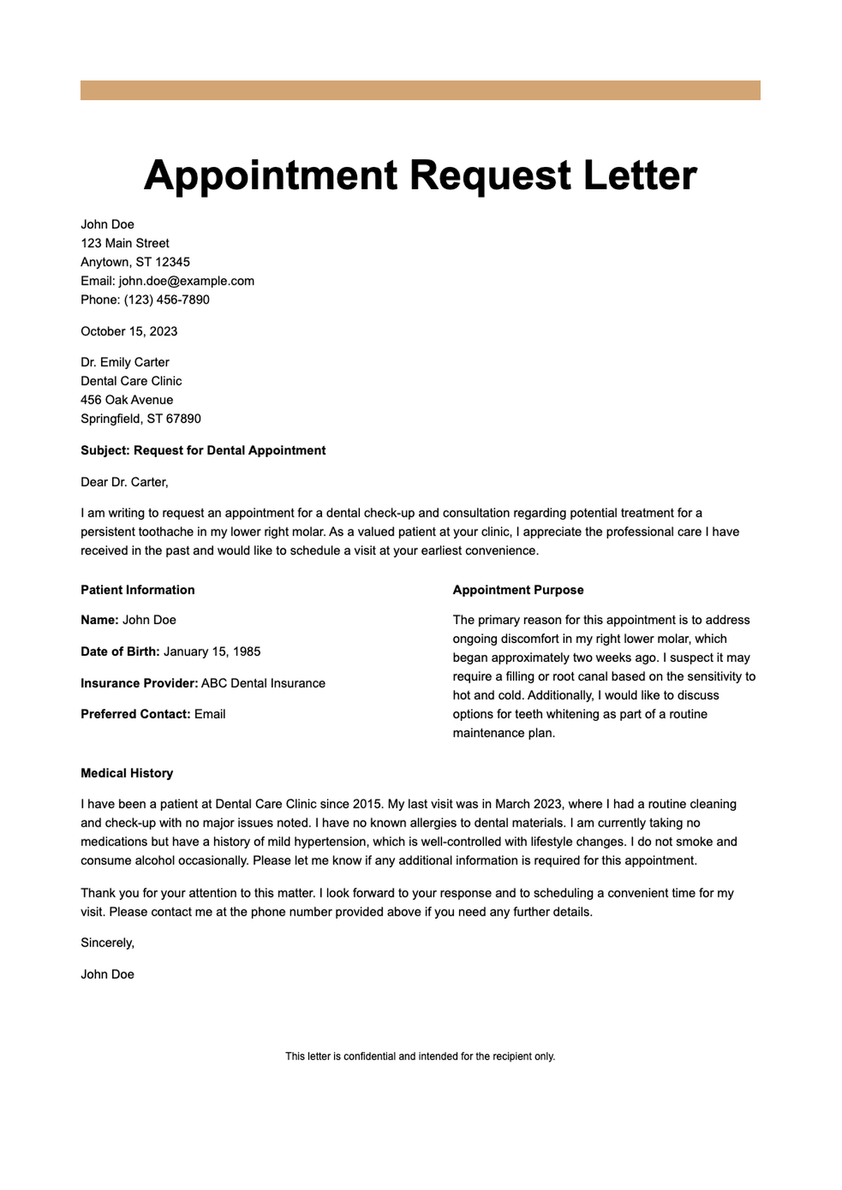 Dental doctor appointment request letter template with placeholders_variant_1
